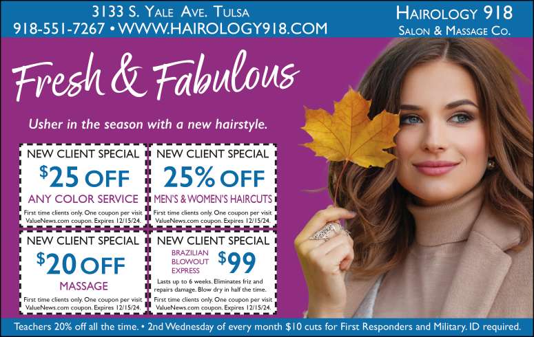 Hairology 918 Salon & Massage Co November 2024 Value News display ad image