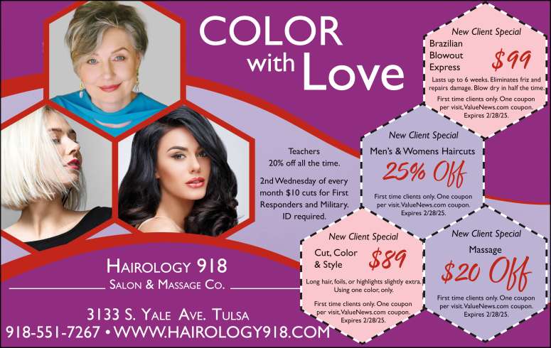 Hairology 918 Salon & Massage Co February 2025 Value News display ad image