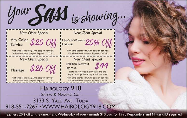 Hairology 918 Salon & Massage Co January 2025 Value News display ad image