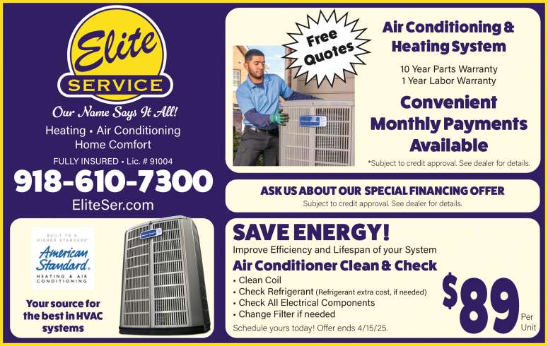 Elite Service Air Conditioning & Heating Co. March 2025 Value News display ad image