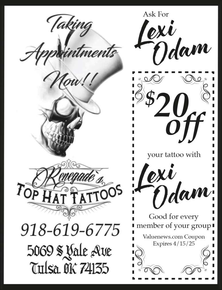 Lexi Odam, Renegade Top Hat Tattoos March 2025 Value News display ad image