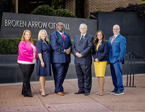 Northeastern State University is awarding Broken Arrow City Manager Michael Spurgeon with the 2024 Presidents’ Award for Community Service, one of the highest honors the university and NSU Alumni Association bestows. Spurgeon is pictured on the right with the Broken Arrow City Council.  (Councilor Lisa Ford, Vice Mayor Christi Gillespie, Councilor Justin Green, Councilor Johnnie Parks, Mayor Debra Wimpee, and City Manager Michael Spurgeon.) Photo courtesy of City of Broken Arrow.