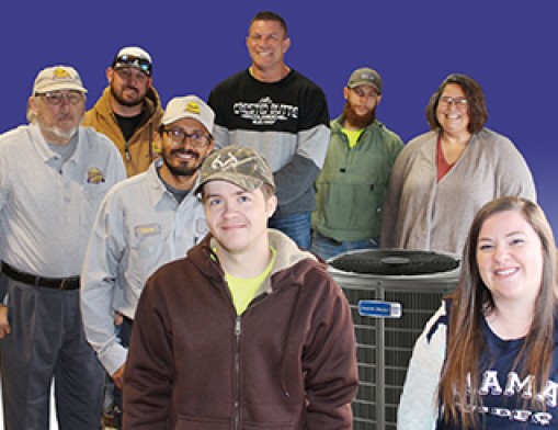 Your Elite Service Team: Back Row: Bryan Palmer - Operations Manager, Joshua Copeland - Comfort Specialist, Chance Hook - Apprentice, Leilani Hughes - Office Manager. Middle Row: Joel Kinsch - Owner/President, Antonio Gonzalez - Service Journeyman. Front Row: Evan Wilson - Apprentice, Odessa Martin - Dispatch.  Value News Magazine & Value’s Inc. photo, November 2024.