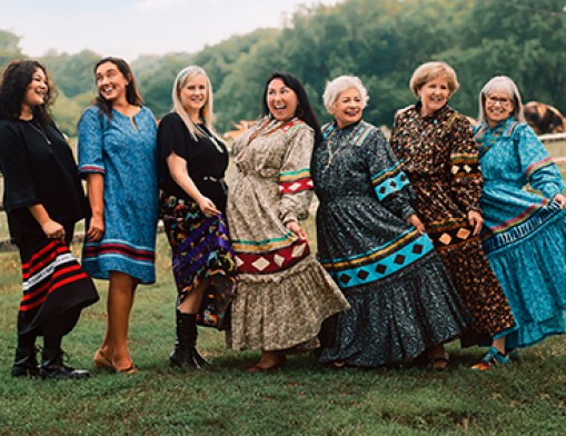 Left to right: Mikela Campos, Tamara Hall, Linda Coleman, Debra West, Celeste Tillery, Monta Ewing, and Deborah McDaniel. Photo courtesy of the Indian Women’s Pocahontas Club by TG Photography, 2023.