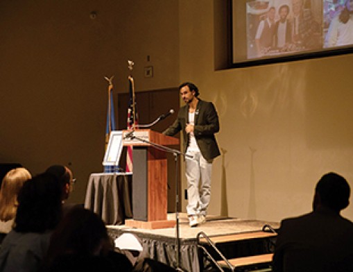 Sagi Gabay, Nova Festival survivor speaking to over 200 attendees.  
Photo courtesy of Social Ghost.