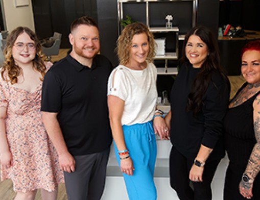 Hairology 918 Team from Left to Right: Stylist Chelsea Davis, Owners Alex & Abrina Tarasenko, Stylist Heather, Stylist Kyria Bourdreaux. Value News Magazine & Values, Inc photo, June 2024.